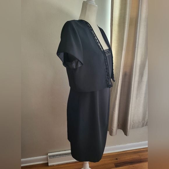 JR Nites by Caliendo 2 Piece Dress Knee Length Bolero Jacket Black Lace Rosette - Picture 3 of 12